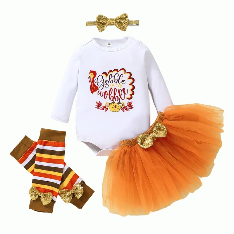 

My 1st Thanksgiving Baby Girl Outfits Long Sleeve Turkey Romper with Tutu Skirt Shorts Leg Warmers Headband 4Pcs Set