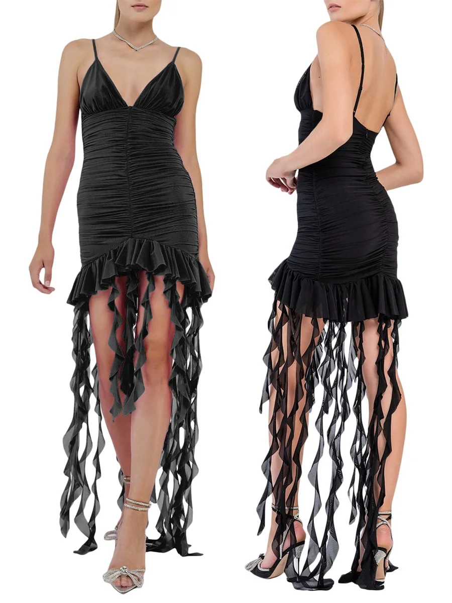 

Elegant Sheer Mesh Halter Dress with Fringe Ruffles and Tulle Overlay for Women s Summer Party Clubwear