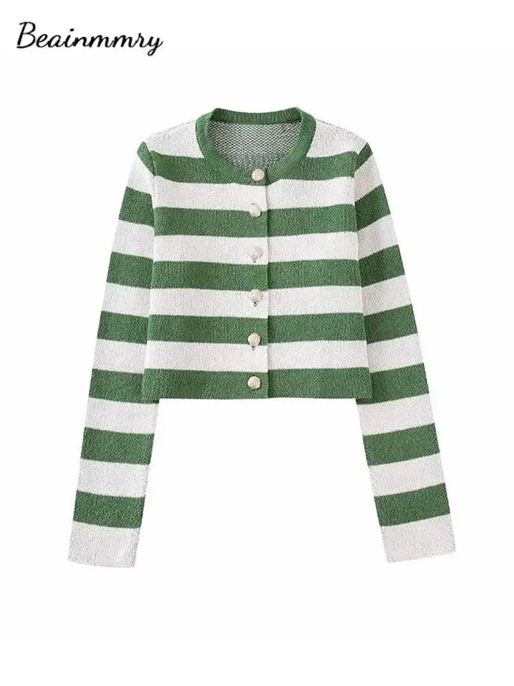 

Женский трикотажный кардиган в полоску, повседневный свободный свитер с длинным рукавом и круглым вырезом, осень 2022