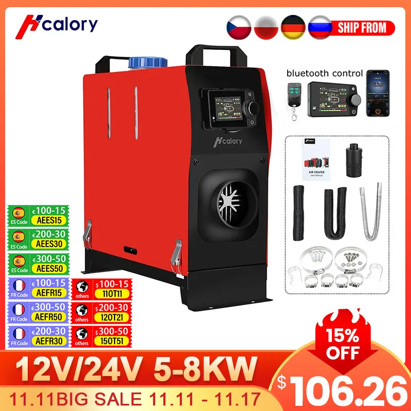 

Универсальный автомобильный стояночный обогреватель Hcalory, 12 В, 24 В, 5-8 кВт, все в одном, воздушный обогреватель, ЖК-экран, пульт дистанционного управления bluetooth для автомобилей, грузовиков, домов на колесах