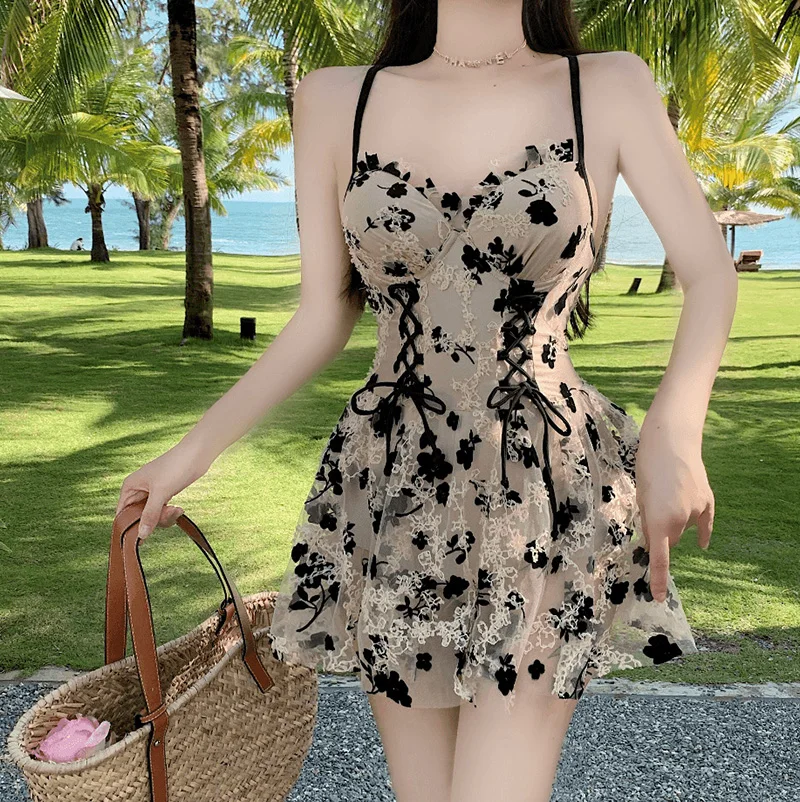 

Floral Deep V-neck Straps One-Piece Swimsuit Vintage Waist Bandage Sexy Backless Women Beach Bathing Suits Swimwear Dress 2022
