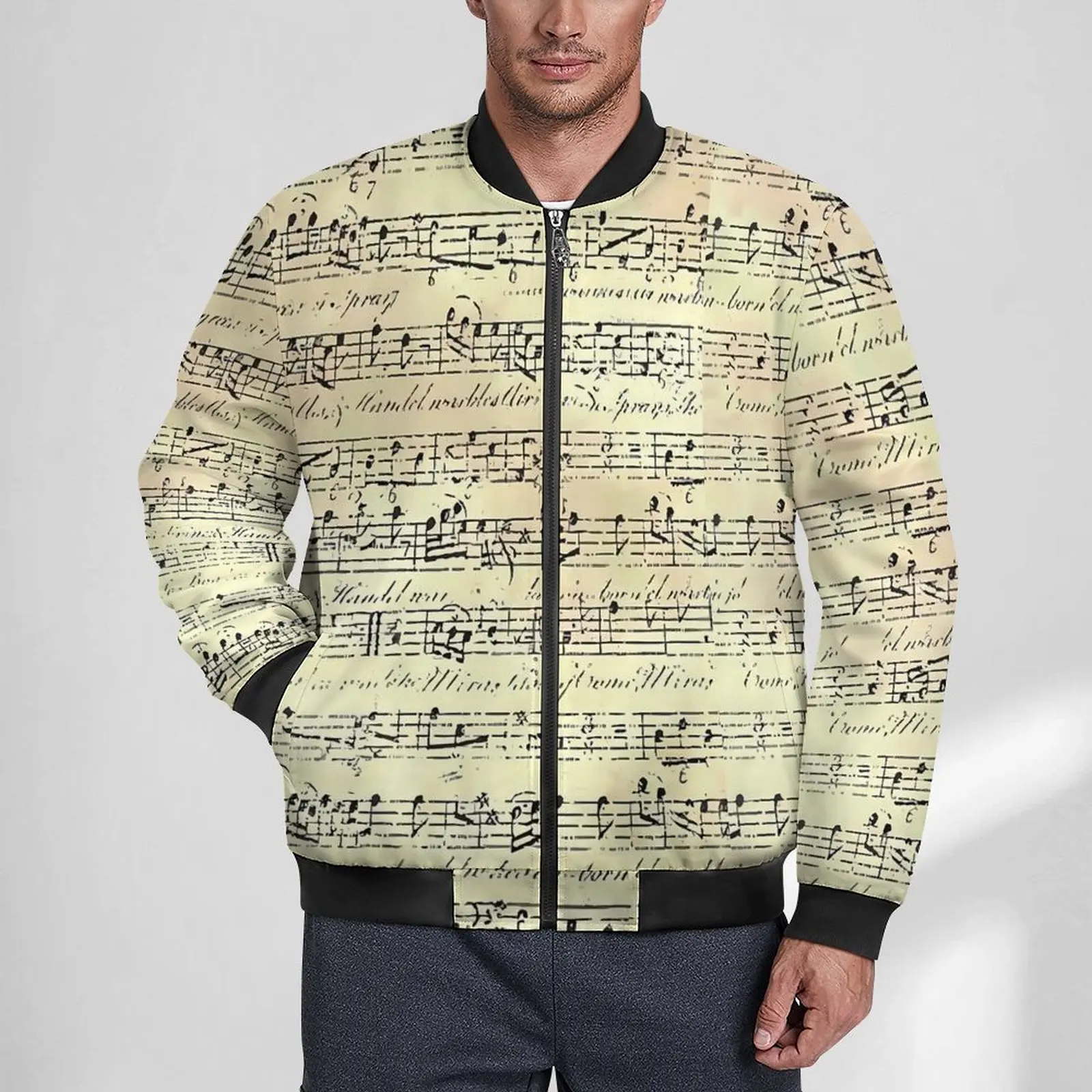 

Vintage Music Notes Jackets Men Musician Print Autumn Coats Street Fashion With Pockets Casual Windbreak Loose Jacket 5XL 6XL