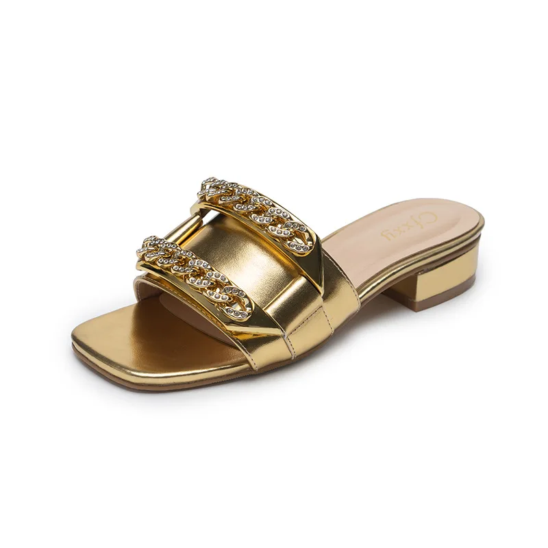 

Gold Roman Style Sandals Ladies Summer Chunky Heel Slippers Fashion Elegant Female Party Sandals Designer Chain Slides High Heel