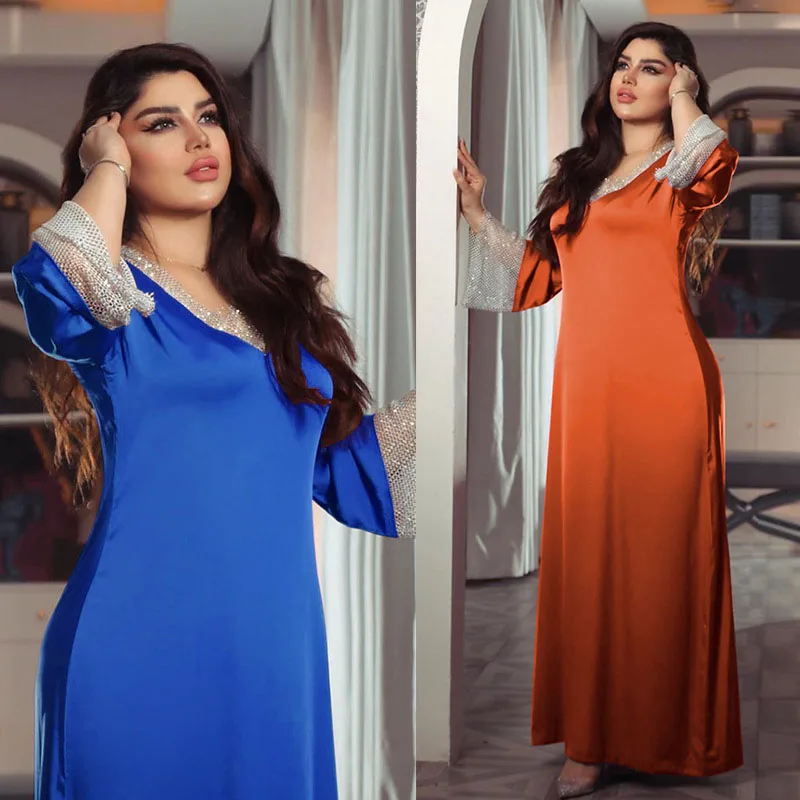

Blue Simple Arabic Jalabiya Women Muslim Satin Dress Abayas for Women Dubai Turkey Diamonds Long Dress Abaya Kaftan Green Orange