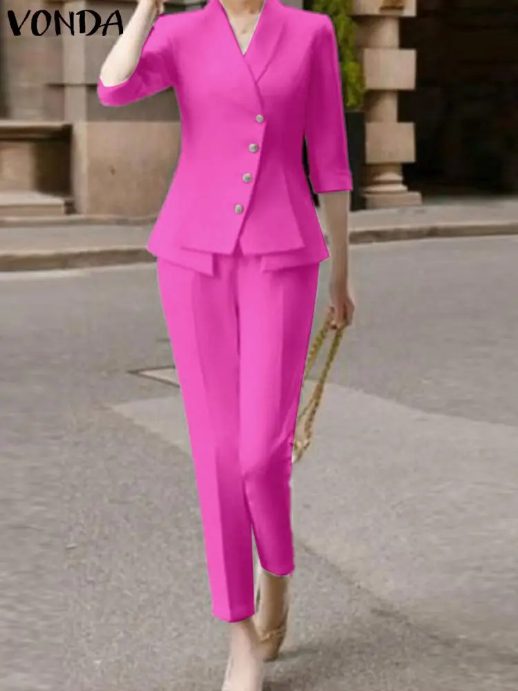 

Office Pant Sets VONDA 2022 Elegant Women Party Long Trousers Suits Women 3/4 Sleeve Lapel Button Coats Suit Formal Sets