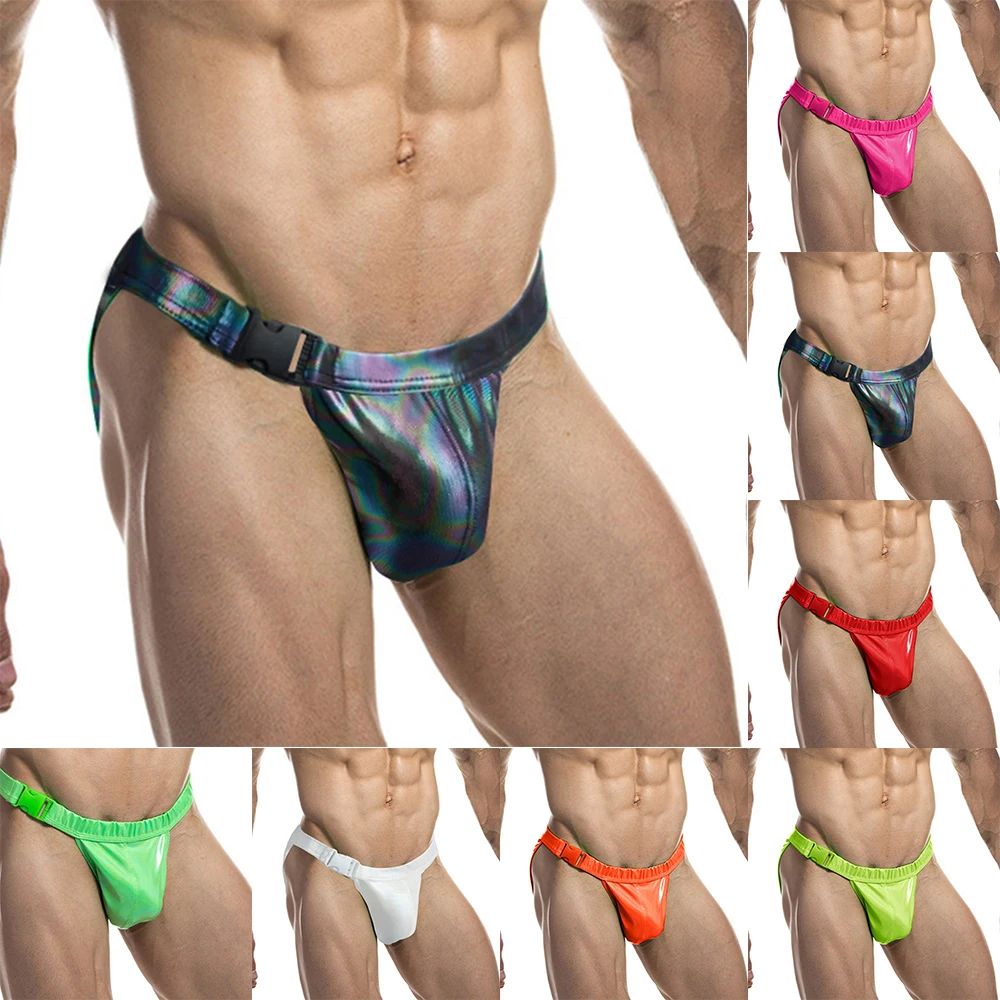

Men Wet Look Buckle Swims Brief High Cut Bikini Panties Faux Leather Tanga Underwear Men's Solid Color Underpants