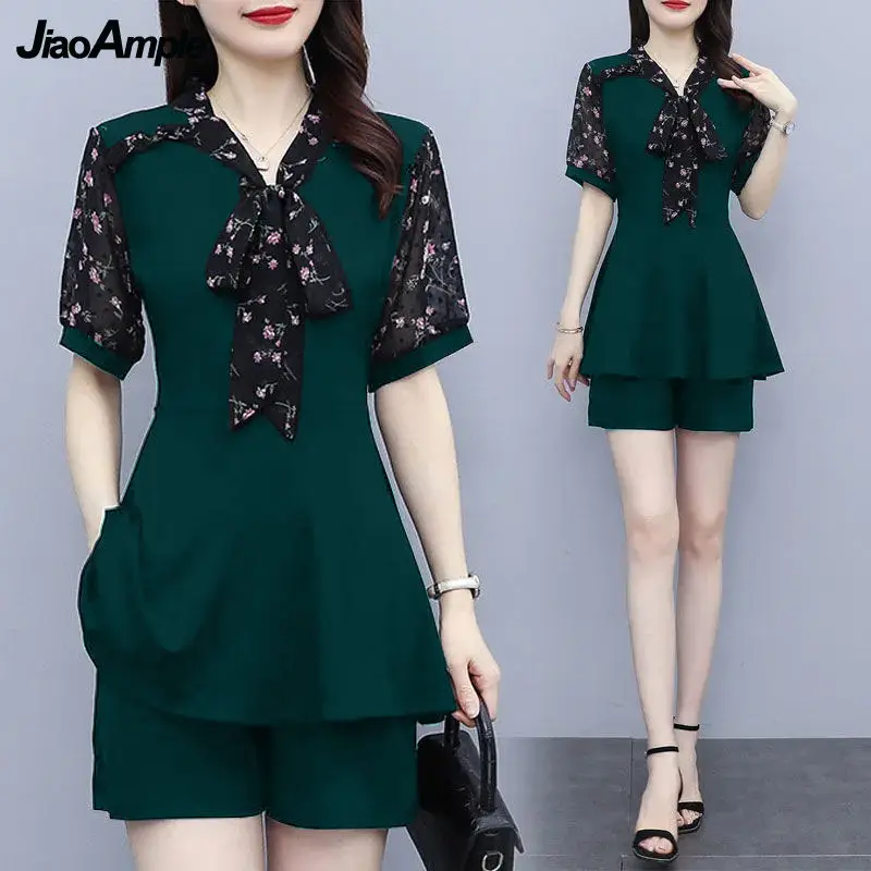 

Women's Slim Blouse Shorts Suit 2022 Summer New Fashion Short Sleeve Top + High Waist Pants Two Piece Korean Elegant Casual Set