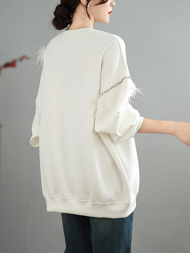 Черные толстовки с перьями и бусинами женские корейские модные Свободные