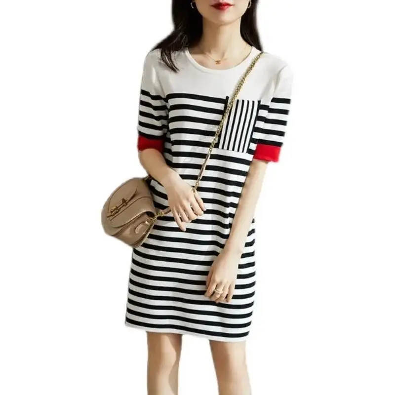 

2022 summer women's fashion temperament ice silk knitted striped dress