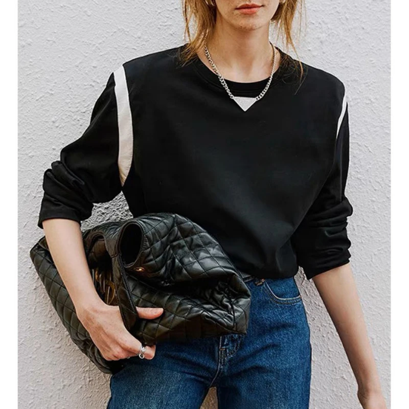 

Early Autumn Ladies Splice Solid O-Neck Long Sleeve T-Shirt 2022 New Women's Fashion Casual Loose Cotton Top Office Wear