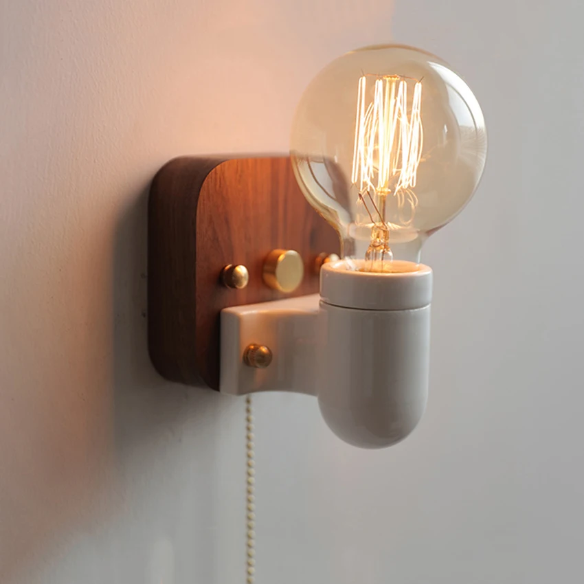 

Vintage Pull Switch Walnut Wall Lights Modern Aisle Corridor Balcony Decor Ceramic Wall Lamp Bedside Wall Sconces Home Lighting