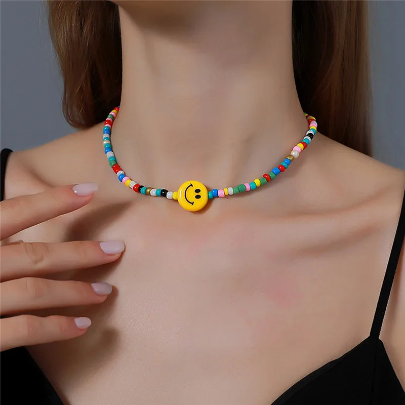

Bohemia Colorful Bead Smiling Face Choker Necklace Fashion Boho Neck Chain Collarbone Chain Beach Jewelry Gifts Necklace