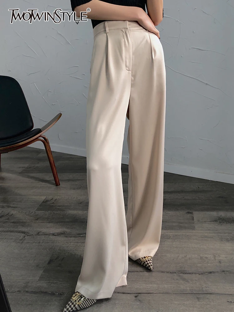 TWOTWINSTYLE Straight Wide Leg Pants Female High Waist Patchwork Pockets Long Trouser Female Fashion Casual Autumn Clothing 2022