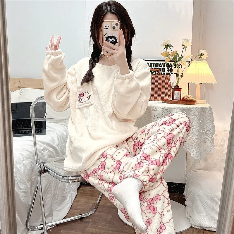 Sanrios аниме персонаж розовый Hello Kittys коралловый бархатный пижамный комплект для