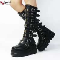 lapolaka 2022 fashion punk platform boots black and white wedge round toe heel knee high boots zipper autumn winter woman shoes