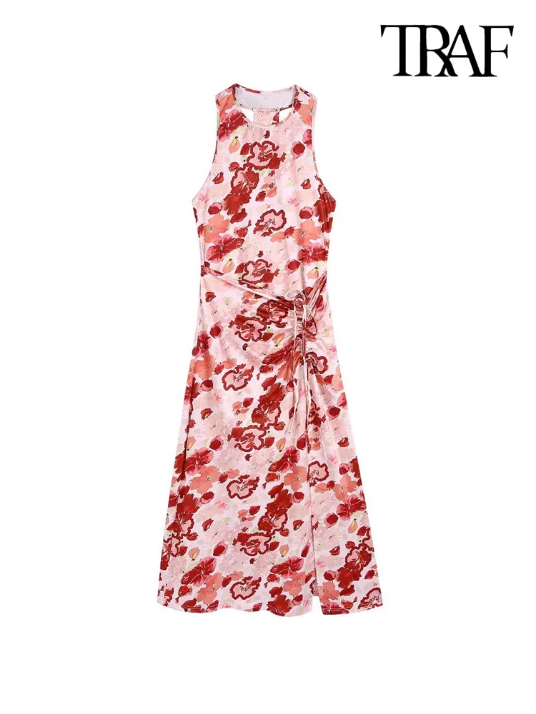 

TRAF Women Fashion With Tie Front Slit Floral Print Midi Dress Vintage Sleeveless Backless Female Dresses Vestidos Mujer