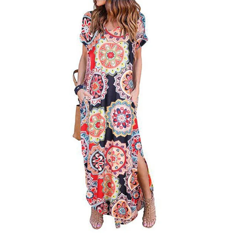 

Elegant Boho Floral Maxi Dress Summer Women V-Neck Short Sleeve Irregular Hem TShirt Long Dresses Casual Beach Dress Vestido New