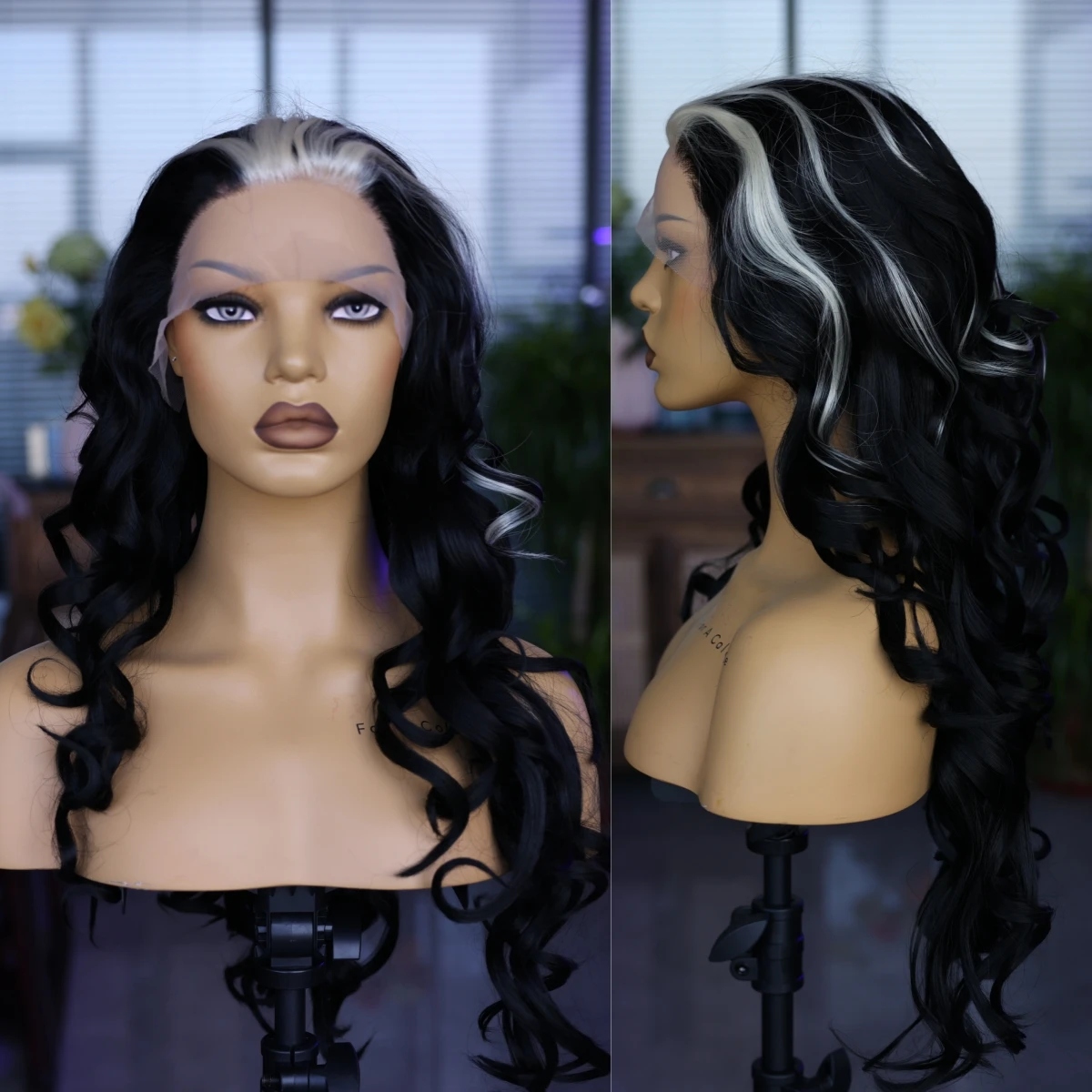 Черно-белый синтетический длинный волнистый парик передняя кружевная сетчатая