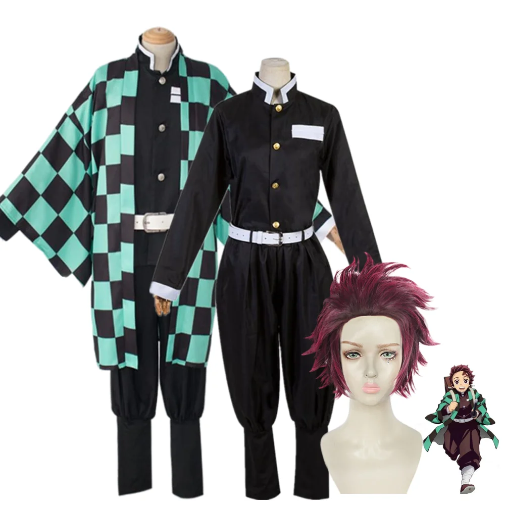 

Demon Slayer Anime Tanjirou Kamado Cosplay Costume Purple Wig Anime Kimetsu no Yaiba Men Kimono Costume Halloween Party Costume