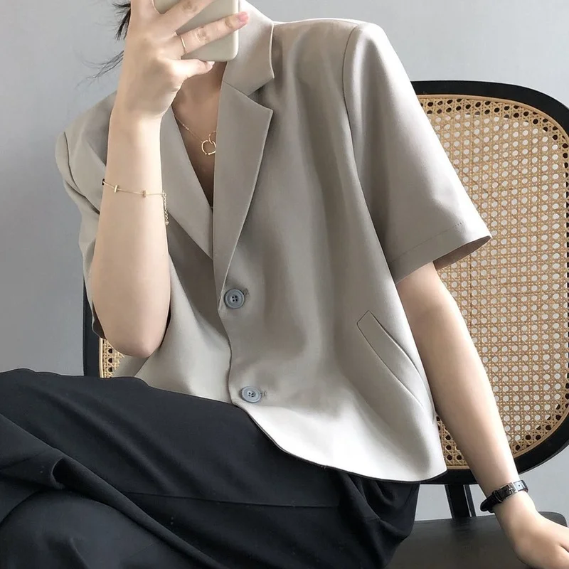 Short Sleeve Blazers Women Summer Thin Korean Style Fashion Leisure Cropped Solid All-match Office Female Loose Elegant Chic New