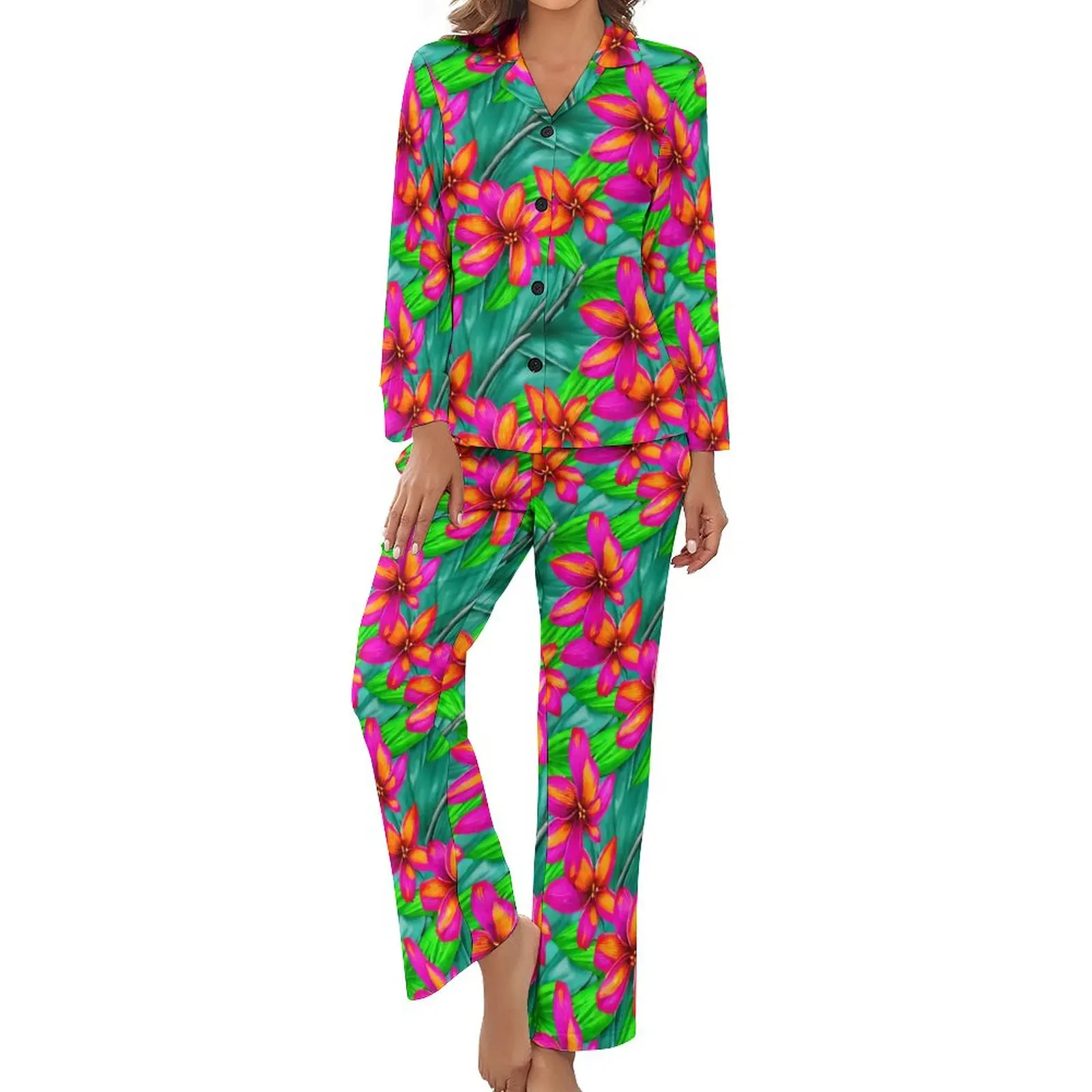 

Пижама с тропическим цветочным принтом Райский принт теплые пижамные комплекты с длинным рукавом 2 предмета Повседневная осенняя одежда для сна на заказ подарок на день рождения