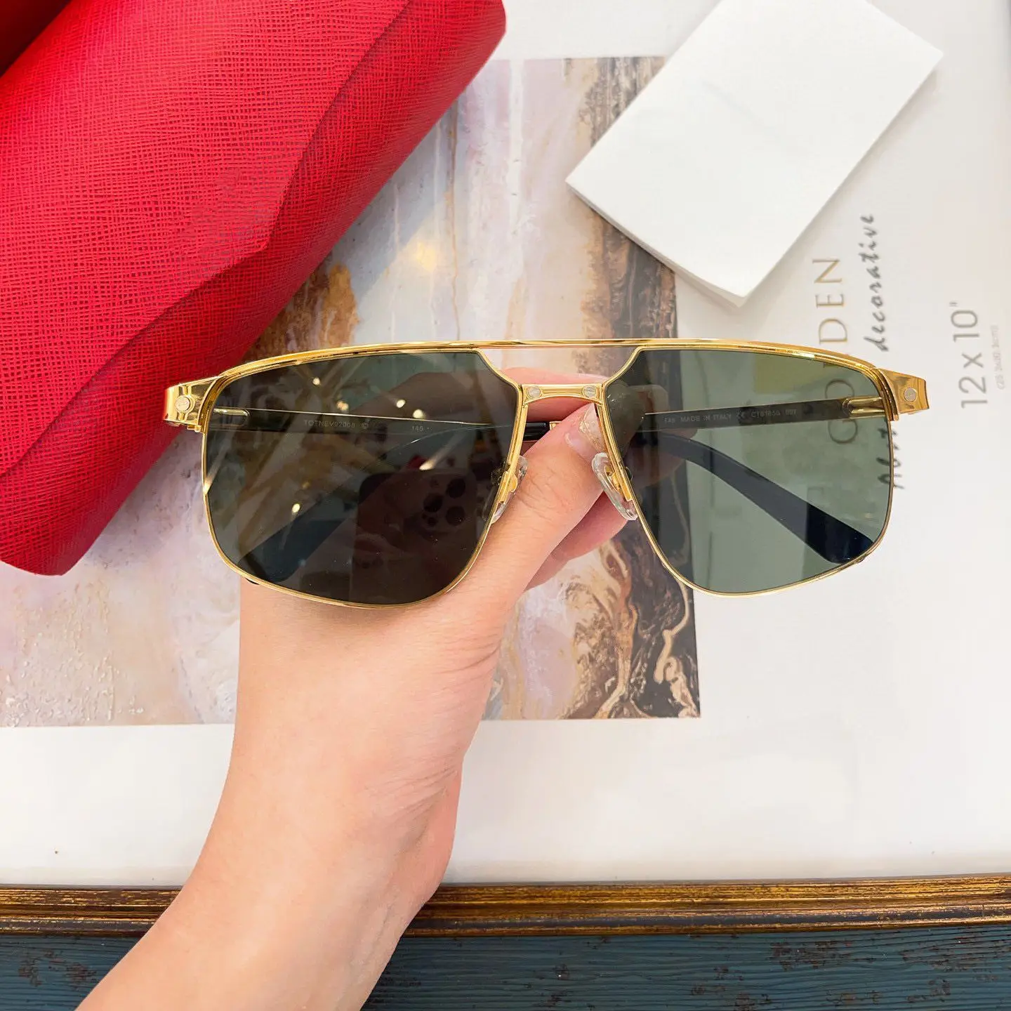 

Brand Desinger Fashion Metal Frame Men Sunglasses Luxury Vintage Polarized Green Lenses Women Sun Glasses CT0385S With Case