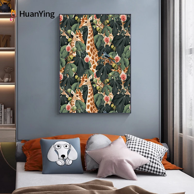 

Jungle Deer Leaf Plant Nordic Posters and Prints Colorful Tiger Wall Art Canvas Painting Decor Pictures for Living Room Bedroom