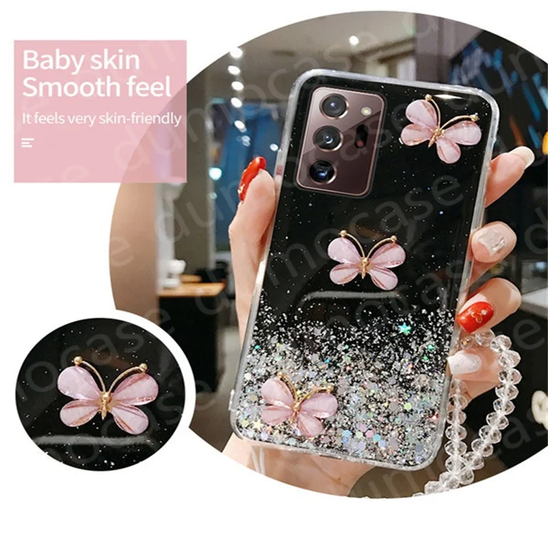 Butterfly Glitter Wrist Lanyard Case for XIAOMI Mi 11 10T 10 Ultra RedMi 9 9A 9T 9C Note 8T 9S 10S 7 8 9 10 Pro Max Shiny Cover