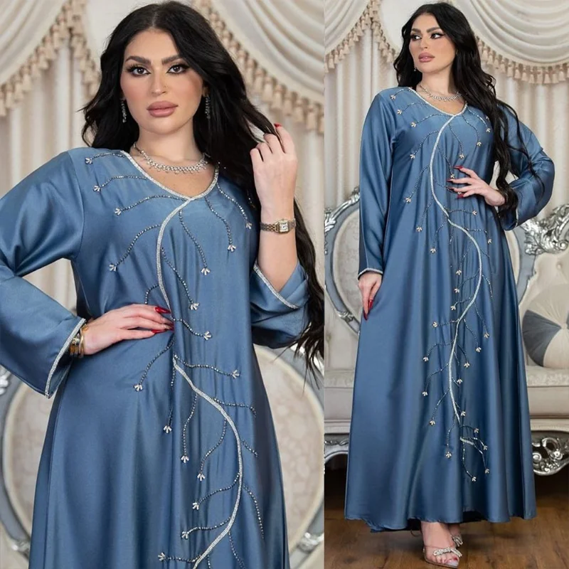 Muslim Fashion 2023 Spring Summer Muslim Long Sleeve Purple Green Blue Polyester Long Abaya Maxi Dress Muslim Dresses Women