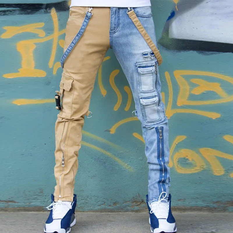 

Men Patchwork Jeans Hip Hop Punk Goth Techwear Fashion Mens Ripped Denim Trousers Retro Skinny Jean Man Multi Pocket Cargo Pants
