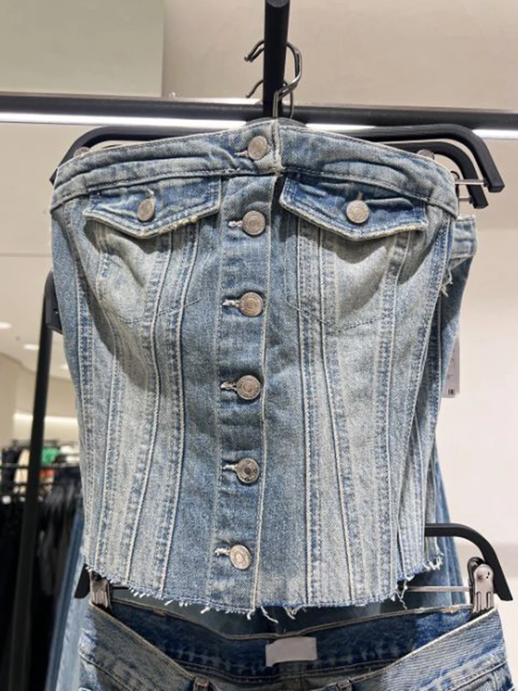 

Spring and summer blue button embellishment bra vest denim short top corset crop tops womens halter top