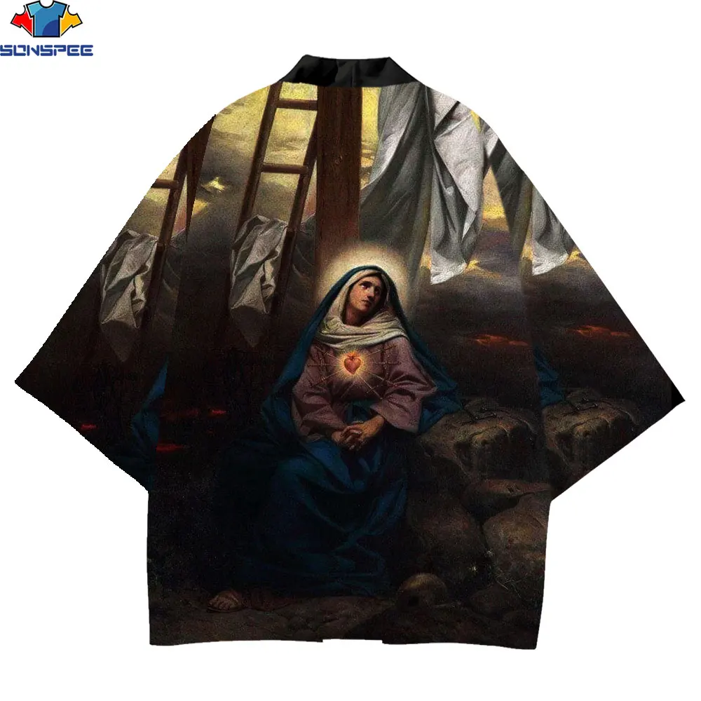 

SONSPEE 3D Printed Kimono Men's Catholic Religious Figures Polyester Virgin Mary Male Women's Yukata Japanese Cardigan Clothing