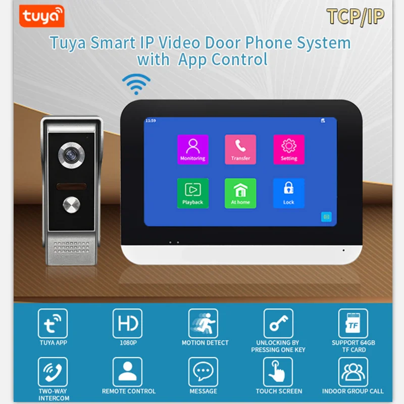 

7-дюймовый проводной дверной звонок с граффити и Wi-Fi, Визуальный дверной звонок высокой четкости 1080P, мобильное обнаружение, языковая связь, система связи