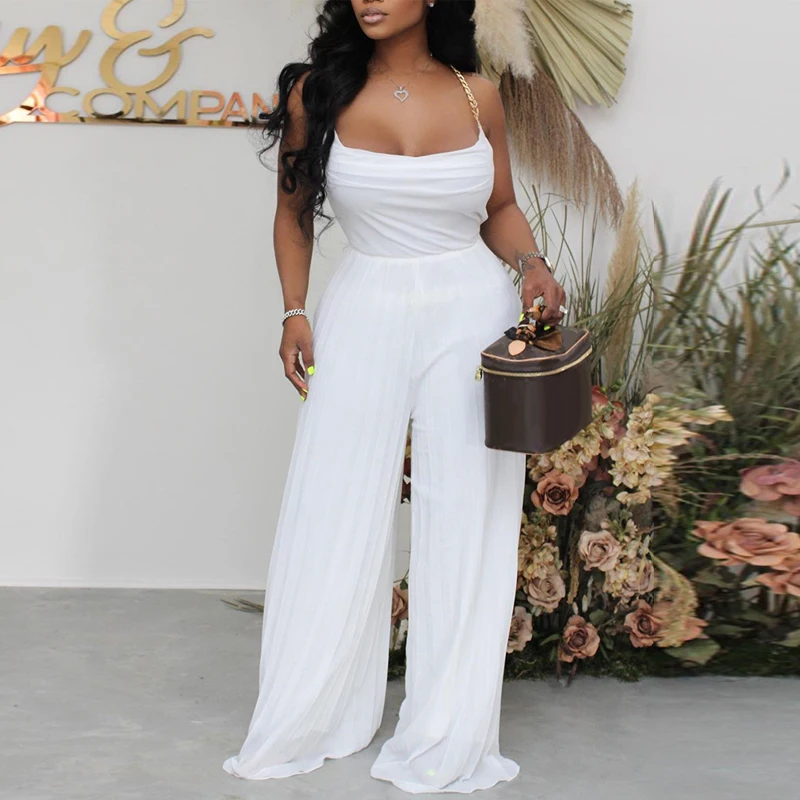 

Women Elegant Spaghetti Chain Straps Sleeveless Solid Sexy Straight Leg Backless Jumpsuits