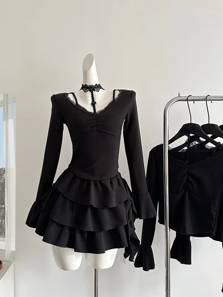 Женское черное готическое кружевное платье трапециевидной формы винтажное