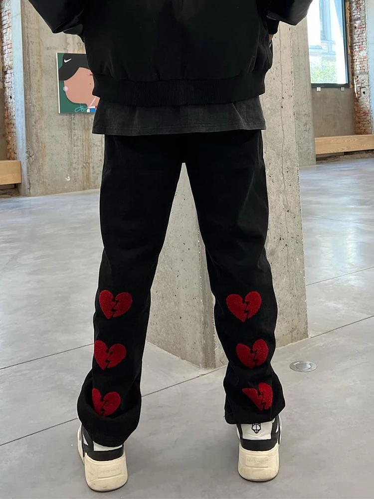 Letter Embroidered Men Straight Jeans High Waist Baggy Denim Trousers High Street Loose Wide Leg Long Pants New Punk Streetwear