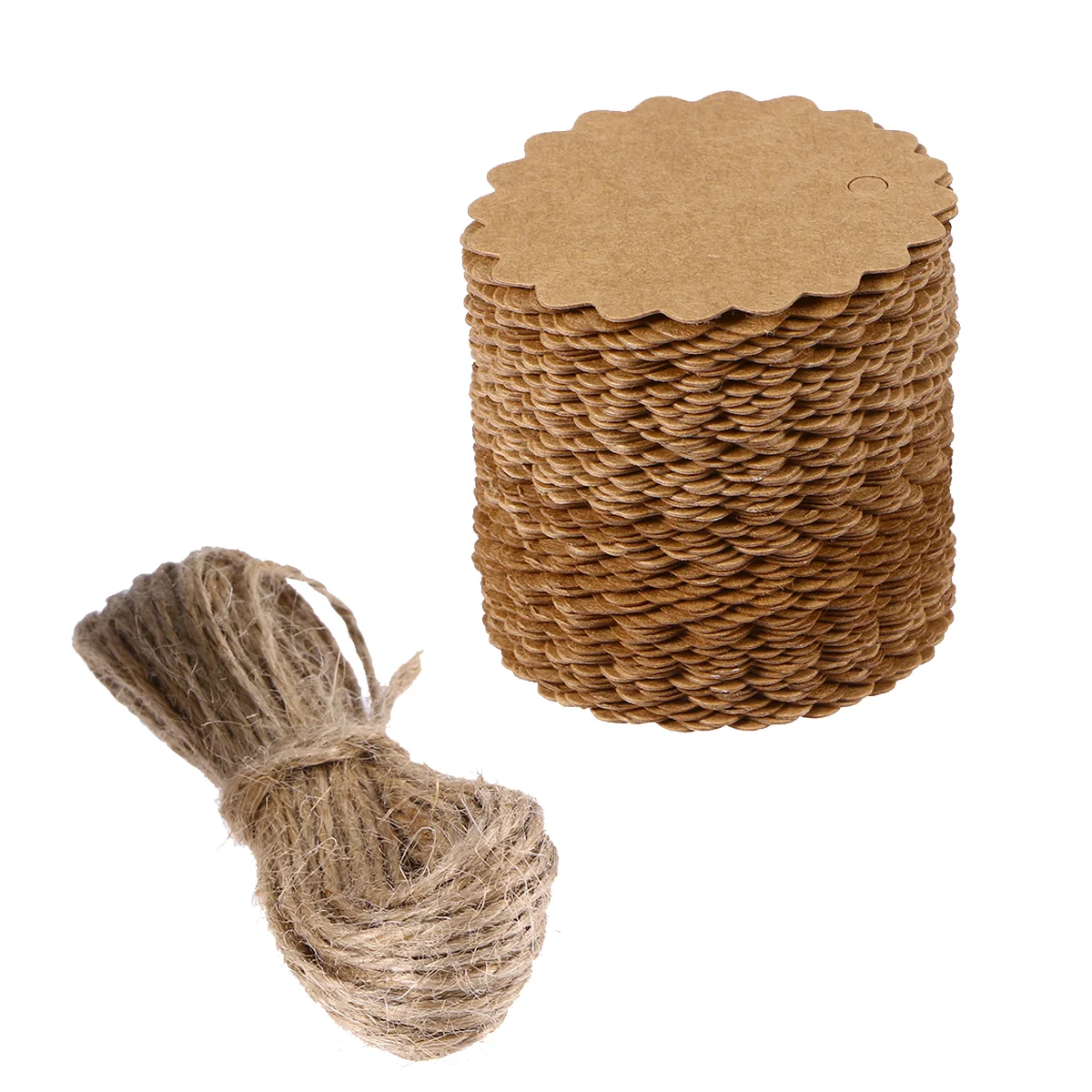 

100pcs Kraft Paper Gift Tags Round Scalloped Tags Creative Price Paper Label with 10M Jute Twine for DIY Party Wedding Rolling