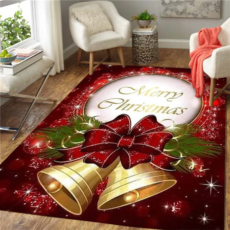 

Christmas Golden Bells Red Ribbon Bow Print Carpet Living Room Bedroom Furry Carpet Hallway Balcony Mat Bathroom Non-slip Carpet