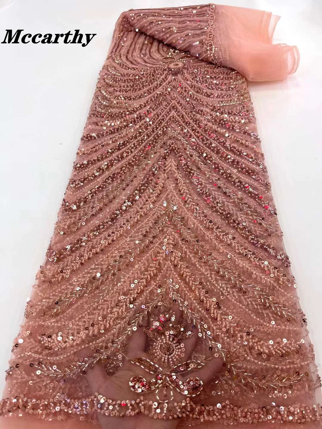 

Mccarthy Pink Nigerian Tulle Lace Fabrics With Beads High Quality Luxury African Sequins French Tulle Lace For Party