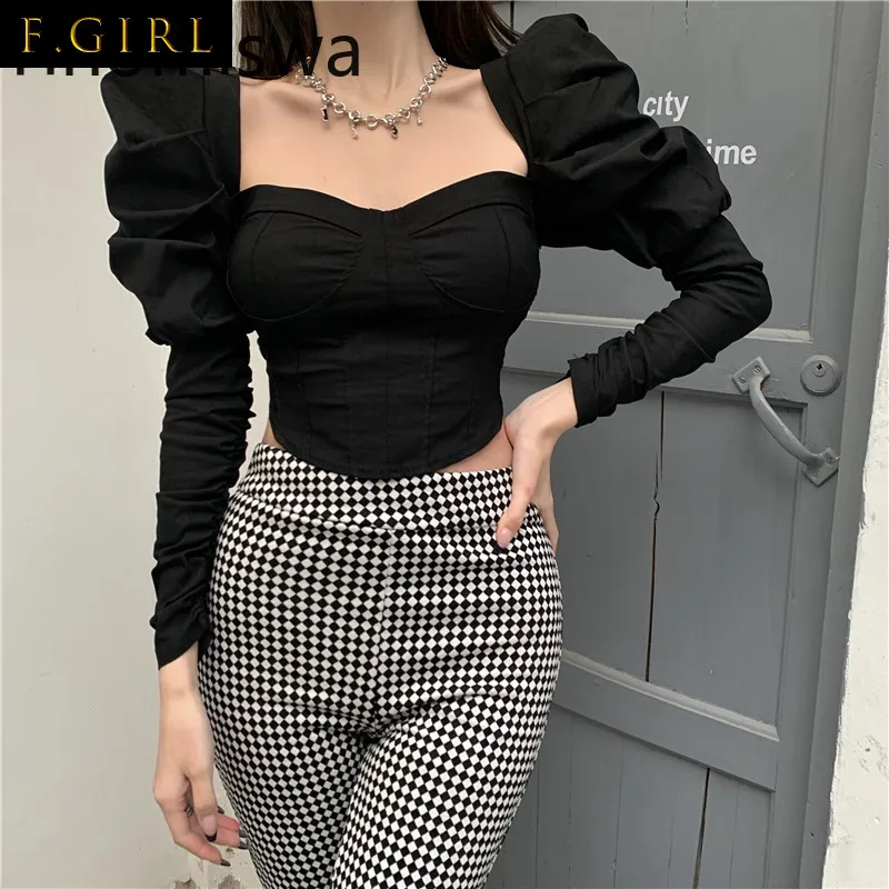 Square Collar Long Puff Sleeve Short Tshirts Women Casual Fashion Solid Color Ladies Crop Tops Slim Fit Sexy Camiseta Mujer