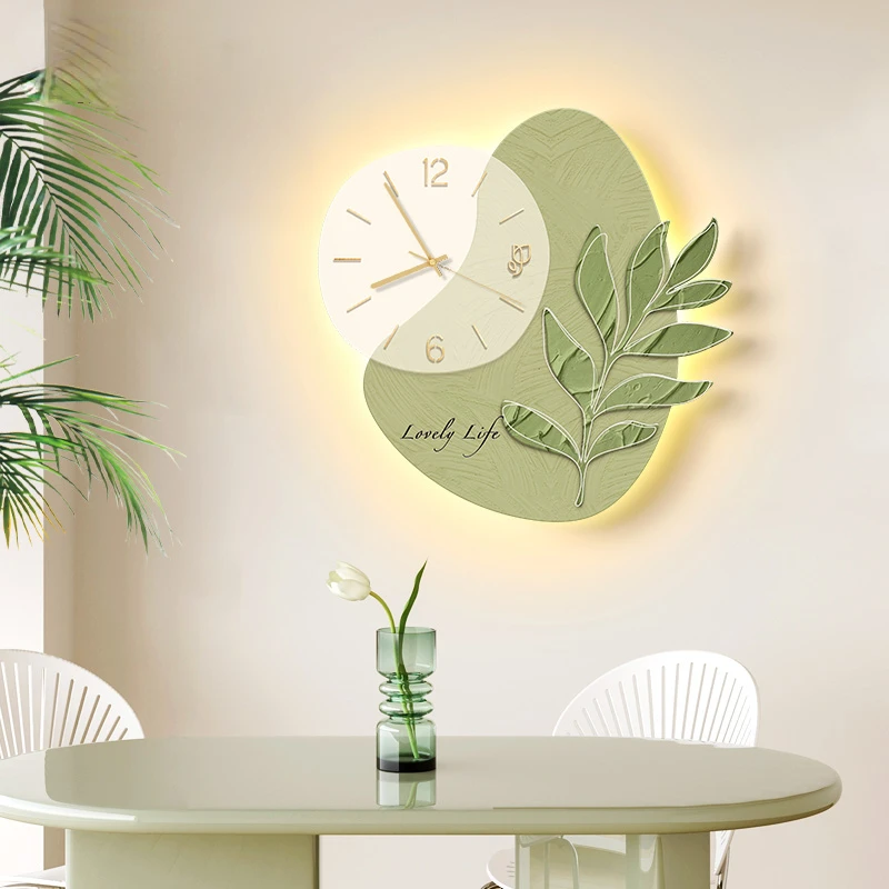 

New Led Lights Decorative Painting Wall Clock Living Room Decoration Mute Wall Clock Glowing Green Leaf Wall Clock Modern Design