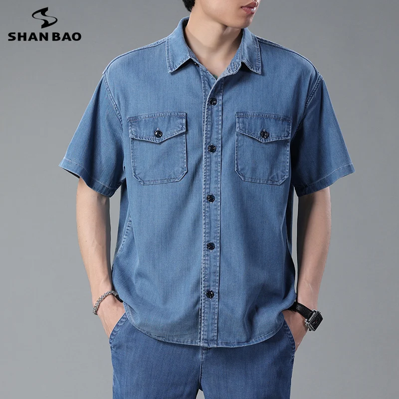 

SHAN BAO Summer Brand High Quality Tencel Lightweight Men's Loose Short Sleeve Shirts Simple Casual Clothing Denim Shirts
