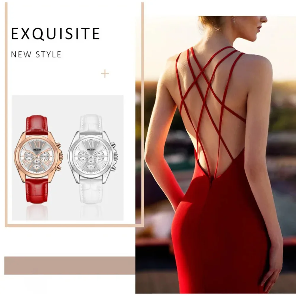 Часы MEGIR женские наручные с кожаным ремешком брендовые водонепроницаемые