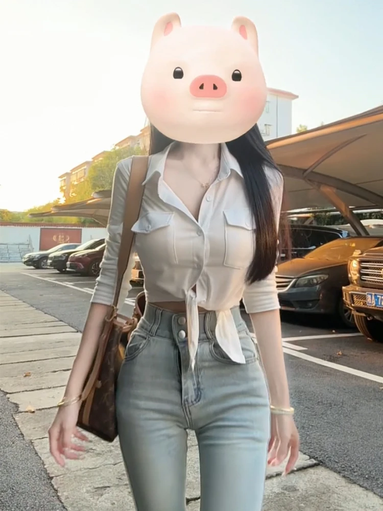 Sexy Pure Desire Lapel High Sense Long sleeve Shirts Women Autumn and Winter New Slim fit Slimming Gyaru Inner wear Base Top