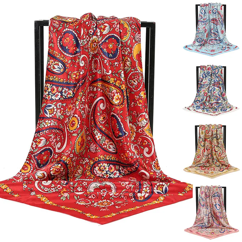 

Retro Silk Satin Scarf Bohemian Printed Neckerchief 90X90Cm Large Square Scarves Hijab Lady Bandana Shawl Head Wrap Summer