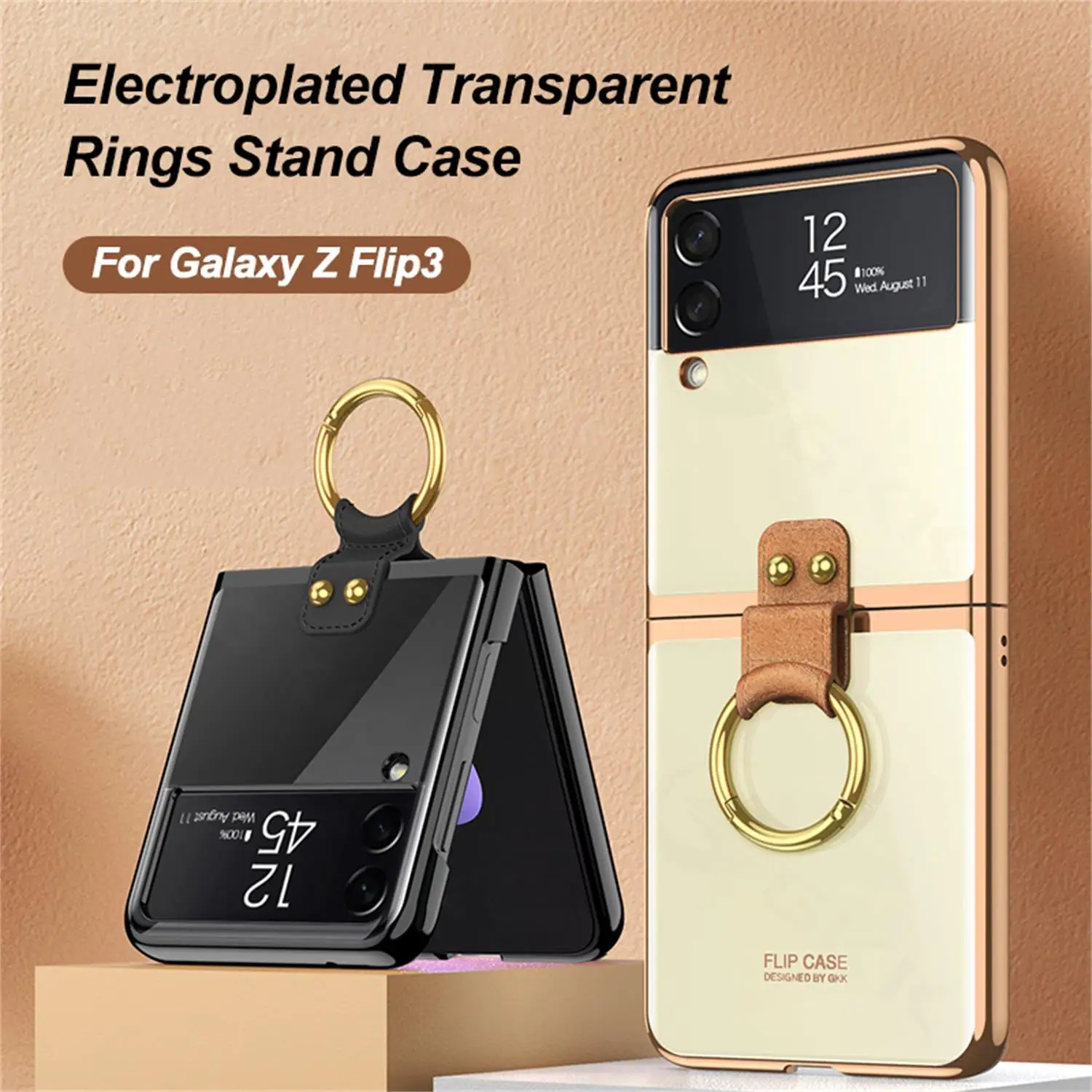 

For Samsung Galaxy Z Flip 3 5G Case Luxury Transparent Plating Finger Ring Stand All-included Hard Cover For Galaxy Z Flip3 Case