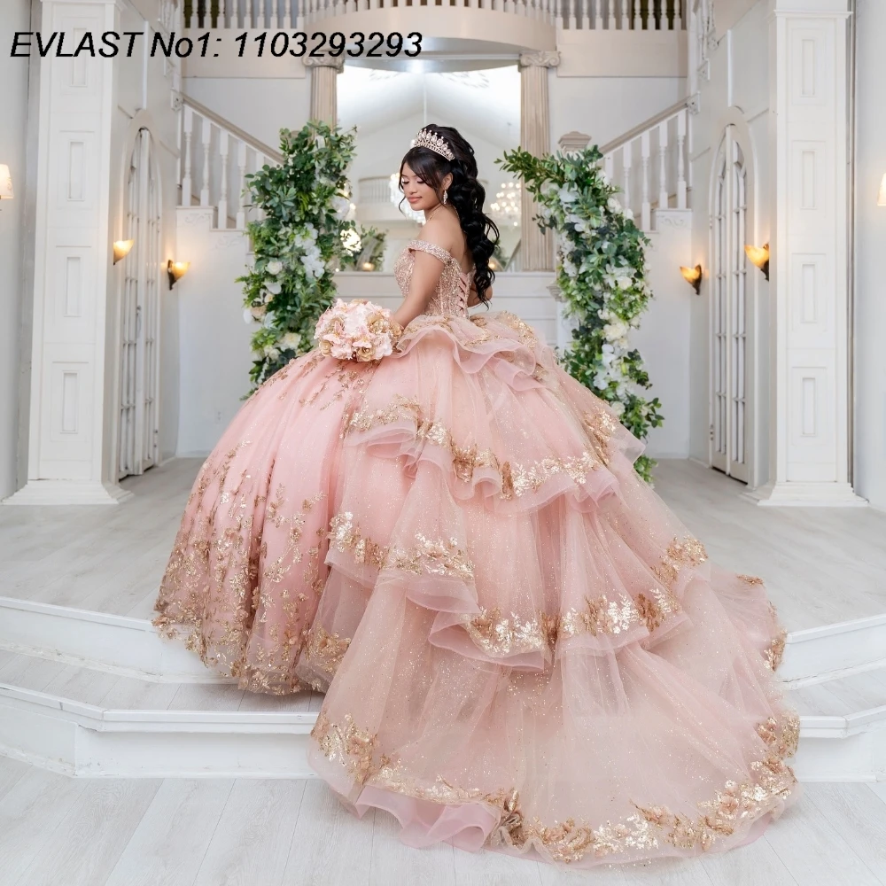 EVLAST индивидуальное мексиканское розовое платье Quinceanera бальное с золотой