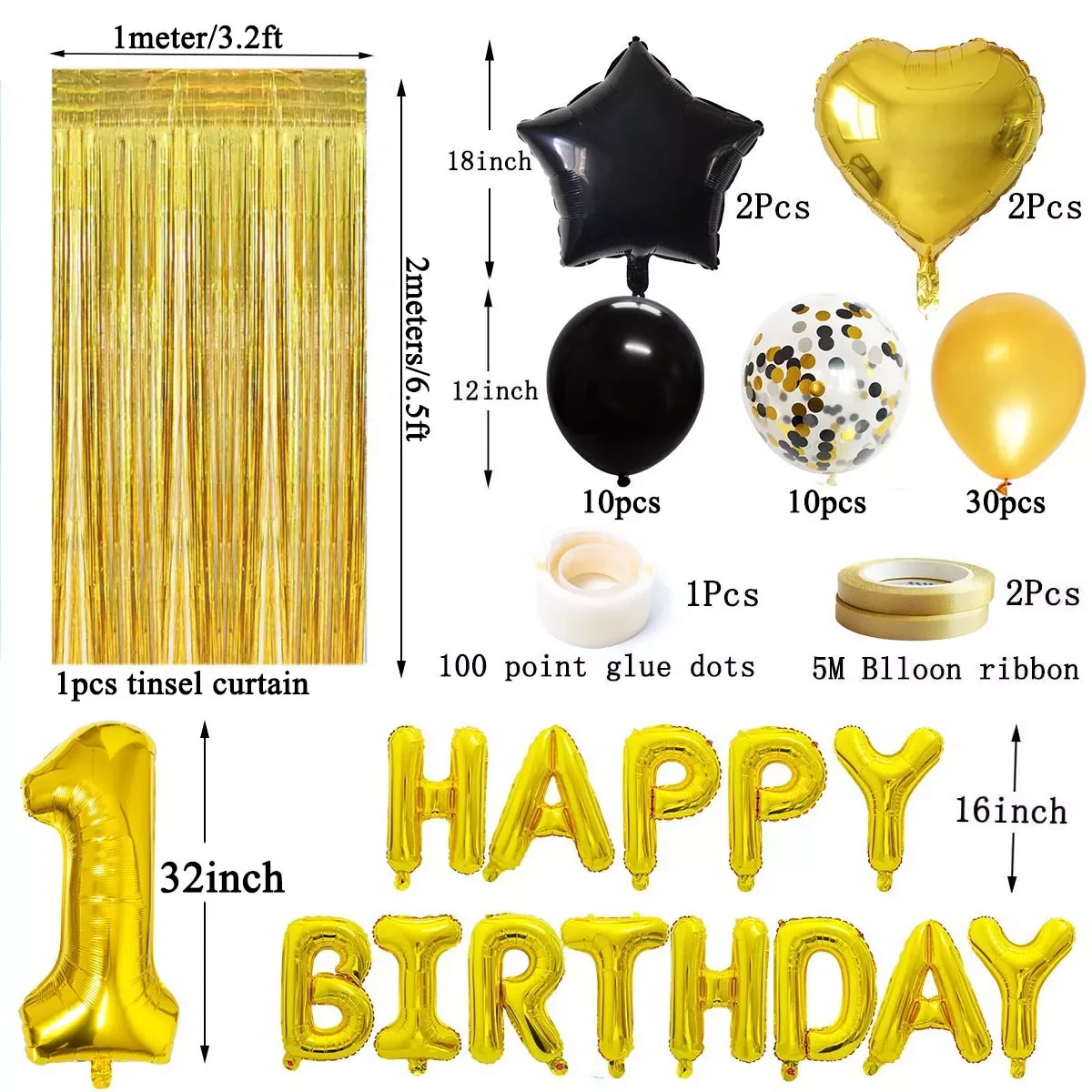 

NEW Gold Black Balloons Happy Birthday Party Decorations Boy Adult Man Woman 12th 15th 16 18 25 30 35 40 45 50 60 70 Years Old