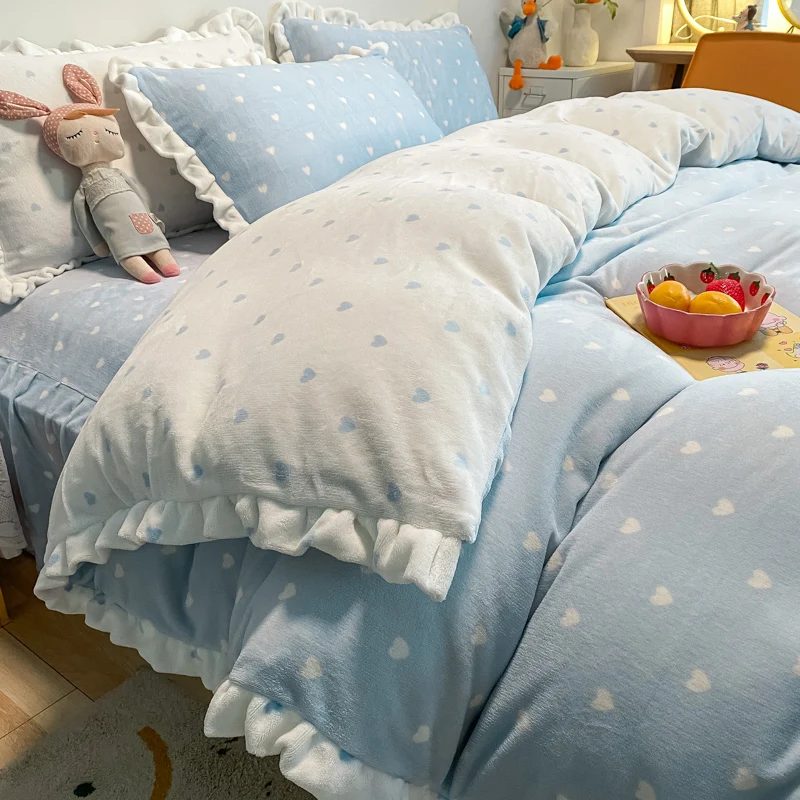 

Thick Warm Milk Fiber Bed Four-Piece Set Crystal Velvet Double-Sided Velvet Quilt Cover Coral Velvet Princess Style Non-Slip Bed