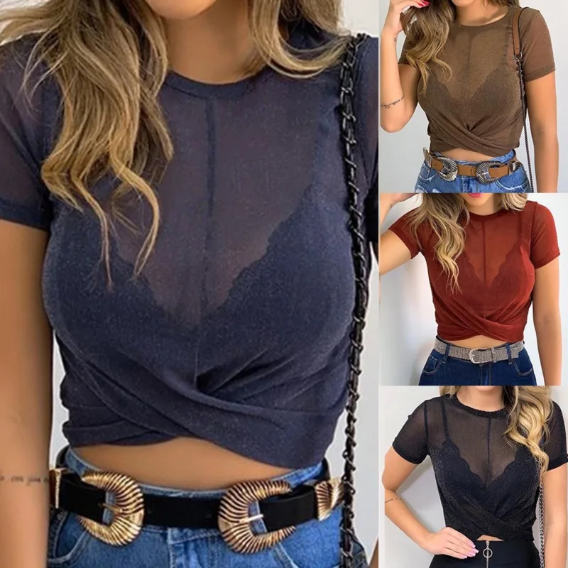 

New Women Sexy Mesh Perspective Top Short Sleeve Simulated Neck Shine Rhinestone Fashion T-Shirts Summer Beach Everyday Wear